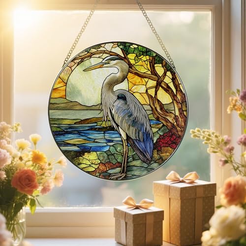 Stained Glass Window Hanging, 8 Inch Blue Heron Suncatcher Ornament, Stained Glass Suncatchers for Windows Hanging, Christmas, Mother's Day, Birthday, Bird Lover Gifts for Mom, Grandma, Women & Men - color: Heron