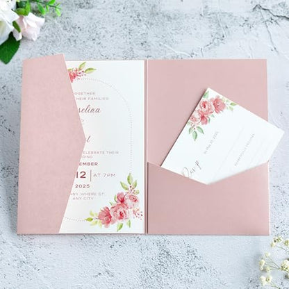 20 PCS Blush Pink Tri-fold Laser Cut Wedding Invitation Pockets for 5x7 Wedding Cards Bridal Shower Engagement Quinceanera Invitation - color: Blush Pink