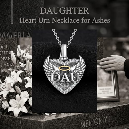 Family Members Urn Necklace for Ashes 925 Sterling Silver Angel Wings Heart Cremation Memorial Keepsake Pendant Jewelry for Loved One's Ashes, with 18" + 2" Stainless Steel Chain - style: Heart-Daughter