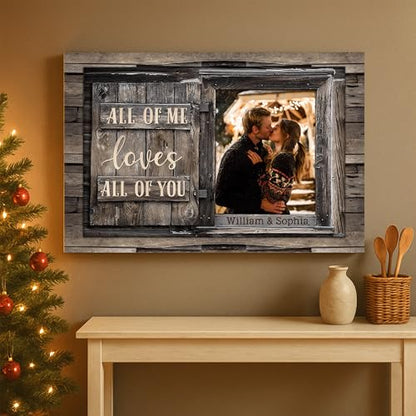 KiKiLuna Personalized “All Of Me Loves All Of You” Framed Canvas Wall Art | Custom Photo & Names Rustic Wood Couple Decor, Ready to Hang Wedding Anniversary Valentine’s Day Gift - color: Style6