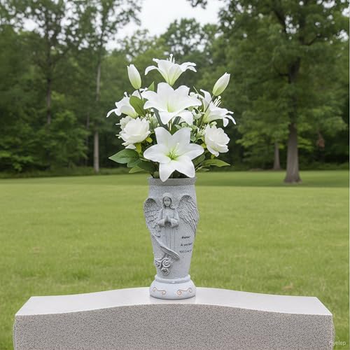 Cemetery Grave Vase for Artificial Flower: Angel Vases with Ground Spikes-Grave Flowers Holder for Cemetery Headstone (Grey)