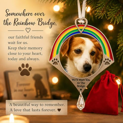 Rainbow Bridge Dog Memorial Ornament with Photo Frame – Pet Remembrance Christmas Ornament – Sympathy Gift for Loss of Dog – Holds Cherished Picture – Gift Bag Included – 4.25" H x 3.25" W - size: 1
