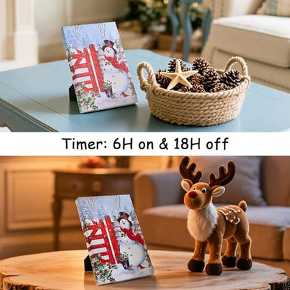 DEMAGNNIE Lighted Canvas Art 6H Timer 8x6 Snowman Tabletop Wall Dual Use - color: Snowman at Garden Gate, size: 8"L x 6"W