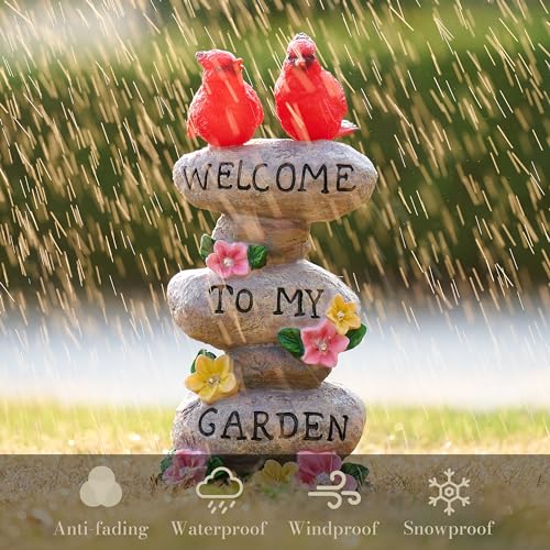 TERESA'S COLLECTIONS Cardinal Garden Decor with Outdoor Solar Lights 11" | LED light Garden Statues, Welcome Yard Sign Rocks & Flower Resin Valentines Decorations, Gifts for Mom Yard Decor