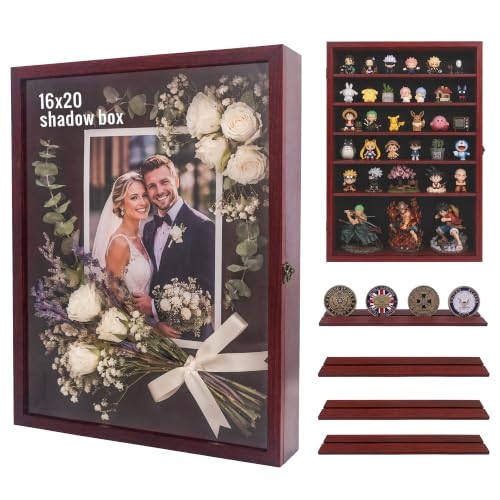 16x20 Wooden Shadow Box Frame with Removable Shelves Deep Display Case for Military Medals Keepsakes Cherry - color: Cherry, size: 16x20