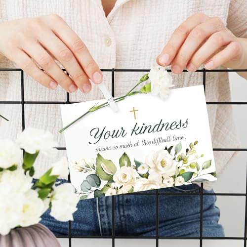 JarThenaAMCS 100 Pack Funeral Thank Your Cards with Envelope Sticker Watercolor White Floral Sympathy Flower Cross Bereavement Card with Message for Memorial Service Loves Ones Celebration of Life