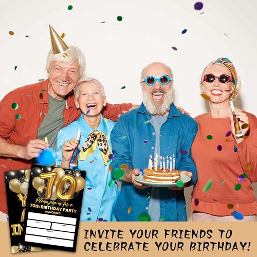 70th Birthday Invitations, Black and Gold, 4x6 Inches, 20 Pack with 20 Envelopes - style: 70th