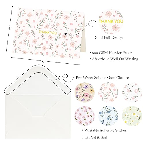 Crisky 50 Pack Floral Thank You Cards with Envelopes & Stickers for Birthday, Baby Shower,Bridal Shower, Wedding, Graduation, Business. 6 Assorted Full Version of Gold Stamping Wild Flower Design