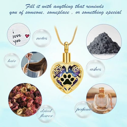 Heart Urn Necklace For Ashes Birthstone Pet Memorial Jewelry Dog Paw Print Cremation Pendant Stainless Steel Keepsake Gift For Pet Lovers - color: Gold purple