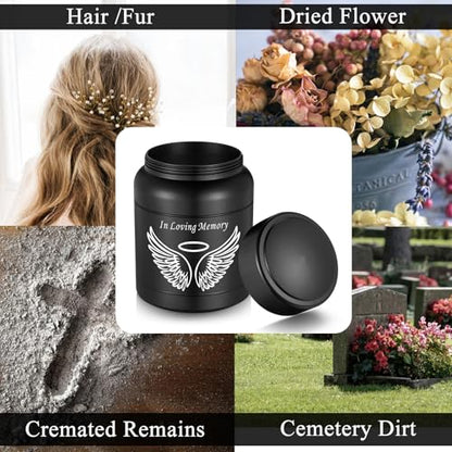 SOITIS Cremation Urn - 3.74 Inch Small Urn for Human Ashes - Elegant Black Aluminum Memorial Keepsake with White Wings Design - Funeral Keepsake for Ashes, Memorial Keepsake Holder - size: Medium