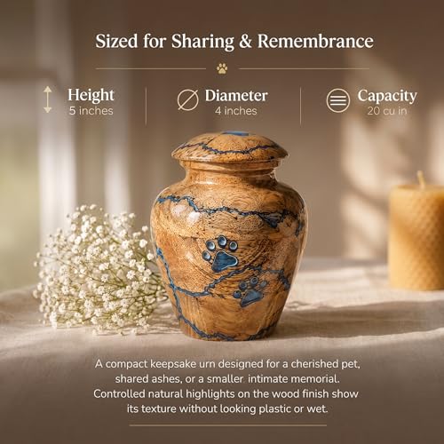 Wooden Pet Small Keepsake Cremation Urn for Ashes, Handcrafted Wooden Keepsake Urn with Blue Resin Design, | Memorial Jar for Human or Pet Ashes - size: Small