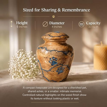 Wooden Pet Small Keepsake Cremation Urn for Ashes, Handcrafted Wooden Keepsake Urn with Blue Resin Design, | Memorial Jar for Human or Pet Ashes - size: Small