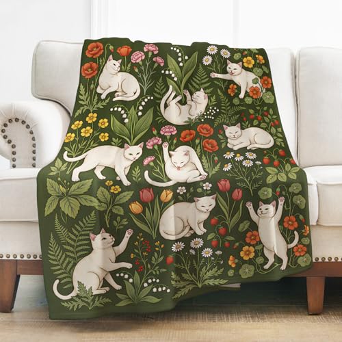 Levens Vintage Cat Floral Throw Blanket|50"x60"|Soft Lightweight Cozy Decor Gift - color: Green, White, size: 50"x60"