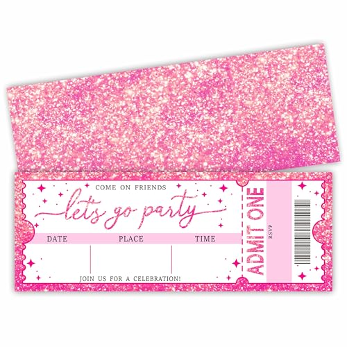 Pink Glitter Birthday Invitations Set of 20 - "Let's Go Party" VIP Ticket Design with Envelopes, 3×8 Inch Cards for Girls -Birthday Party Favor & Supplies (3 X 8 In) -A12 - color: Pink Glitter