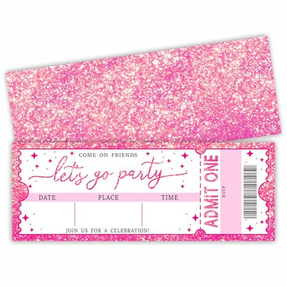 Pink Glitter Birthday Invitations Set of 20 - "Let's Go Party" VIP Ticket Design with Envelopes, 3×8 Inch Cards for Girls -Birthday Party Favor & Supplies (3 X 8 In) -A12 - color: Pink Glitter