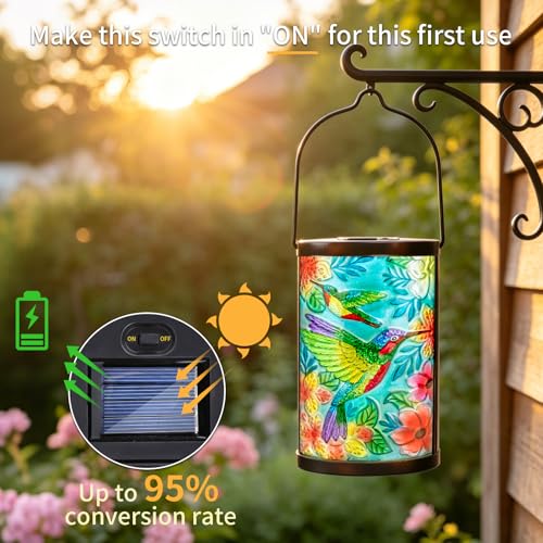 MUMTOP Hummingbird Solar Lantern, Hanging Glass Outdoor Garden Light - color: Turquoise