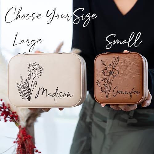Custom Leather Jewelry Box w/Name & Birth Flower Month - Birthday Gifts for Women, Personalized Jewelry Travel Case - Customized Jewelry Organizer Box, Mom Birthday Gifts - Chestnut - color: Chestnut