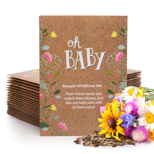 Oh Baby Flower Seeds Packets - Girl/Boy Baby Shower Favors - Pre-Filled, 25 Wildflower Seed Packs for Favor - Eco-Friendly Gift & Babys Guest Giveaways - Non-GMO Seeds - Brown - style: Oh Baby Natural