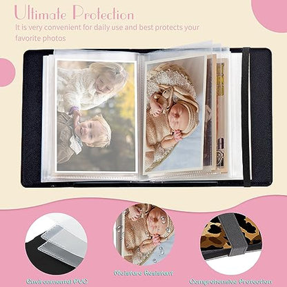 Photo Album 4x6 Photos - 60 Photos Capacity PU Leather Cover Photo Album with Strong Elastic Band, Portable Picture Album for Family Wedding Wedding Anniversary, Art Leopard Print - color: Art Leopard Print