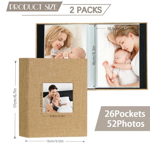 Artmag Mini Photo Album 4x6 26 Pockets 2 Pack, Linen Cover with Front Window Album Each Holds 52 Vertical Photos for Family Wedding Baby Children (Khaki) - color: Khaki, size: 50 Pockets/2PKS