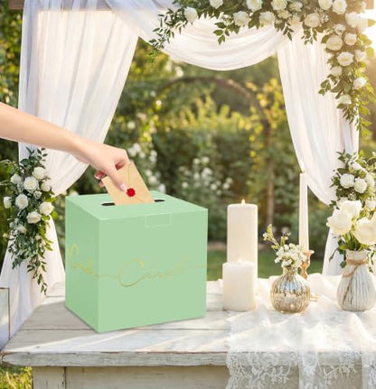 HEIPINIUYE Sage Green Wedding Card Box with Gold Foil 9.8" x 9.8" Green Large Gift Card Box for Party Wedding Reception Graduation Birthday Baby Shower Cardboard Raffle Envelope Box with Slot - color: Sage Green Card Box with Gold Foil