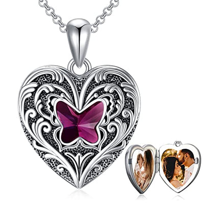 SOULMEET Personalized Butterfly Locket Necklace That Holds Up to 2 Pictures, Memorial Insects Silver Butterfly Photo Locket Custom Any Photo Healing Gift - color: H-Crystal Purple, style: Locket+Custom Photo