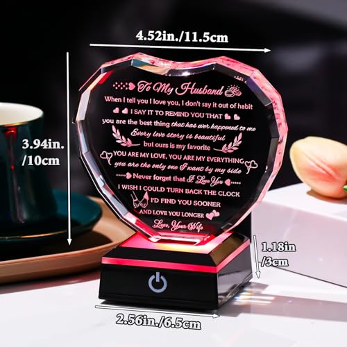 Arikyrist Gifts for Husband from Wife with Colorful LED Base Anniversary Romantic Gifts for Husband Birthday Crystal Keepsake to My Husband I Love You Gifts on Valentine Fathers Day Christmas - style: Husband Gifts + Light Base