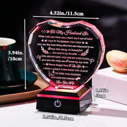 Arikyrist Gifts for Husband from Wife with Colorful LED Base Anniversary Romantic Gifts for Husband Birthday Crystal Keepsake to My Husband I Love You Gifts on Valentine Fathers Day Christmas - style: Husband Gifts + Light Base