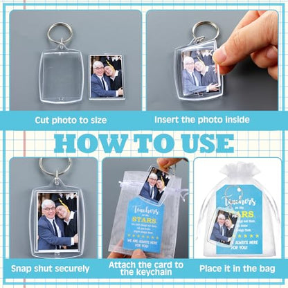 30 Sets Back to School Acrylic Photo Frame Keychain Rectangle Picture Insert Keychain with Writable Labels and Organza Bags - style: Teacher