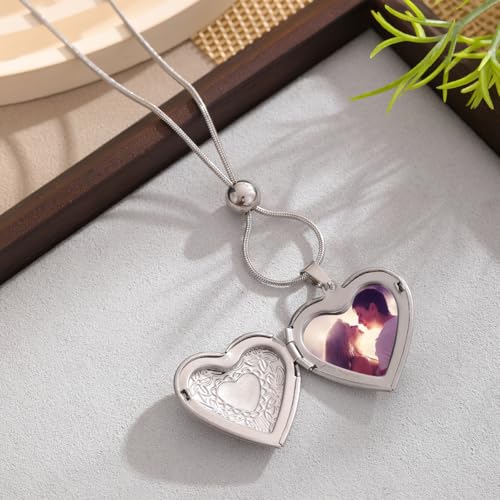 ZFAIRY Heart Locket Necklace with Photo Frame, Stainless Steel, Adjustable Chain, Silver