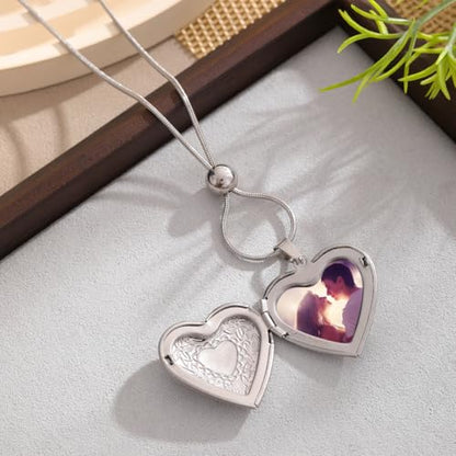 ZFAIRY Heart Locket Necklace with Photo Frame, Stainless Steel, Adjustable Chain, Silver