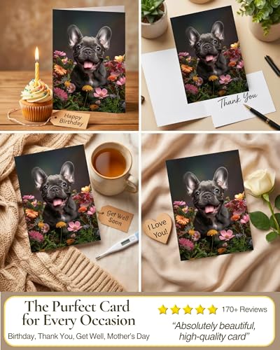 French Bulldog Puppy with Flowers All Occasions Greeting Card - Dog with Flowers from Unique Dogs Party Delights Collection - Large 5x7 Inch - Blank Inside with A7 Invitation Style White Envelope - color: French Bulldog Puppy with Flowers