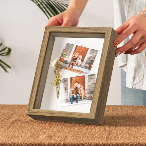 6x8 Small Shadow Box Frame with Ultra-Clear Glass & Soft Linen Back | With Push Pins and Stand, Deep 1.2" Brown Shadow Box Display Case – Display on Tabletop or Wall for Photo, Flower, Keepsakes - color: Brown+high Definition Panel + Shatter-proof Packagi