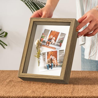 6x8 Small Shadow Box Frame with Ultra-Clear Glass & Soft Linen Back | With Push Pins and Stand, Deep 1.2" Brown Shadow Box Display Case – Display on Tabletop or Wall for Photo, Flower, Keepsakes - color: Brown+high Definition Panel + Shatter-proof Packagi