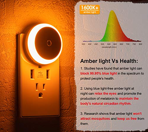 Amber Night Light Plug in, Dusk to Dawn Sensor, Blue Light Blocking, Automatic Nightlight, Energy Efficient, 2 Pack LED Night Lights Plug into Wall, for Bathroom, Bedroom, Kitchen, Hallway, Stairway - color: Amber