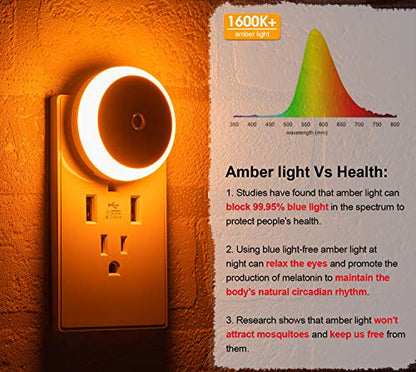 Amber Night Light Plug in, Dusk to Dawn Sensor, Blue Light Blocking, Automatic Nightlight, Energy Efficient, 2 Pack LED Night Lights Plug into Wall, for Bathroom, Bedroom, Kitchen, Hallway, Stairway - color: Amber