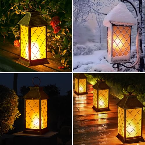 18" Solar Lanterns Outdoor Waterproof Flickering Flame Patina - color: Antique Patina