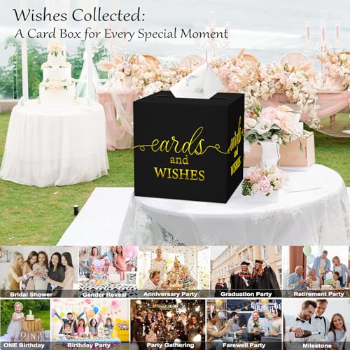 WNINK Black Card Box with Gold Foil Design, Cards and Wishes Gift Cards Box Receiving Box for Wedding Receptions, Bridal & Baby Showers, Anniversaries, Birthdays Party, Graduations, Retirements - color: Cards Wishes Black Gold