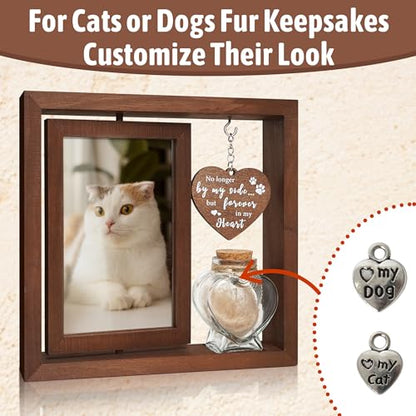 Dog Memorial Gifts for Loss of Pet - Rotating Wooden Frame for 4x6 Photo & Fur Hair Jar - Sympathy Gift for Pet Bereavement, Remembrance Keepsake - Rainbow Bridge Gift for Cat Lovers
