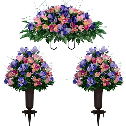 Artificial Cemetery Flowers - Grave Decoration - Cream Pink Tulips and Purple Iris (1) Headstone Saddle (2) Bouquets (2) Vases - color: Pink/Purple, size: (1) Saddle (2) Bouquets (2) Vases