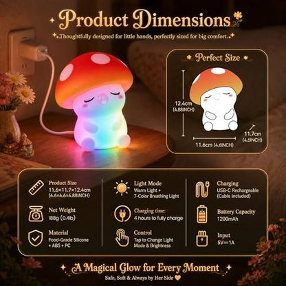 FAMIDUO Mushroom Night Light for Kids, Silicone Squishy RGB Nursery Lamp | 2-Brightness & Breathing 7-Color Rainbow, Anti-Blue Eye-Caring, BPA-Free Silicone Mood Light , Cute Gifts for Baby Toddler - color: Mushroom RGB