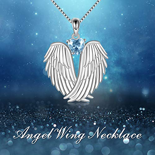 YFN Angel Wings Necklace 925 Sterling Silver Guardian Angel Wings Pendant Necklace Birthstone Necklace for Women Girls Christmas Jewelry Gifts - color: December-Blue