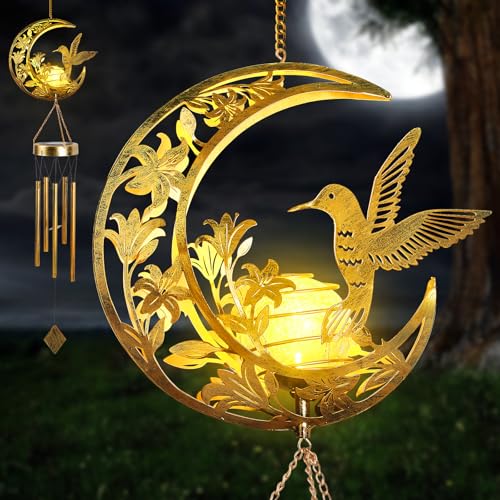 Hummningbird Solar Outdoor Wind Chimes - Unique Moon Hummingbird Design, for Mothers, Grandmothers, Sisters, Friends and Girls on Birthdays, Christmas, Thanksgiving and Mother's Day - color: Moon Hummingbird