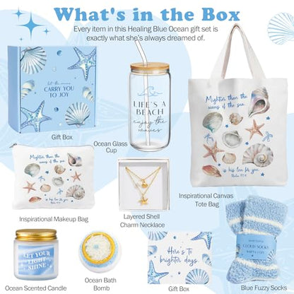 Gifts for Women, 8pcs Ocean Happy Birthday Gifts for Women, Christmas Ideas Inspirational Get Well Soon Gift Baskets Mothers Day Box w/Seashell Tote Bag for Her Mom Sister Friend Friendship - color: Blue