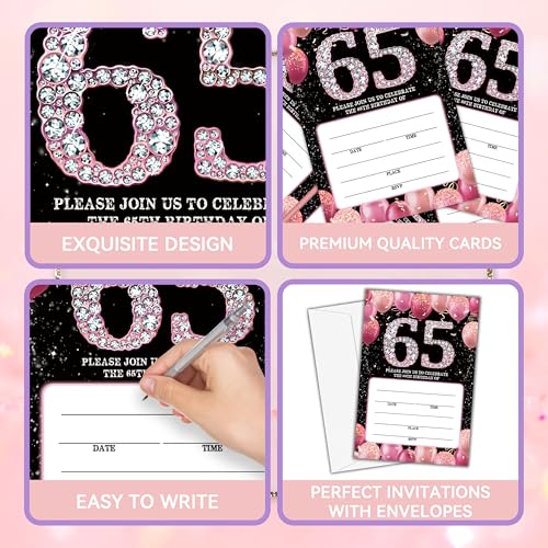 65th Birthday Invitations - Pink Glitter Bday Invites with Envelopes(25-Count) - Balloon Theme Fill-in Invite Cards for Party Supplies Favors Decorations - G05 - style: Pink Balloon 65th