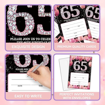 65th Birthday Invitations - Pink Glitter Bday Invites with Envelopes(25-Count) - Balloon Theme Fill-in Invite Cards for Party Supplies Favors Decorations - G05 - style: Pink Balloon 65th