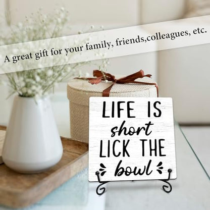 Life is Short Lick the Bowl Wooden Sign - 5" Funny Wooden Plaque With Metal Support - Rustic Tabletop Bathroom, Toilet, Kitchen Room Decor - Housewarming Gifts For Family & Friends - A01 - style: Life is Short Lick the Bowl