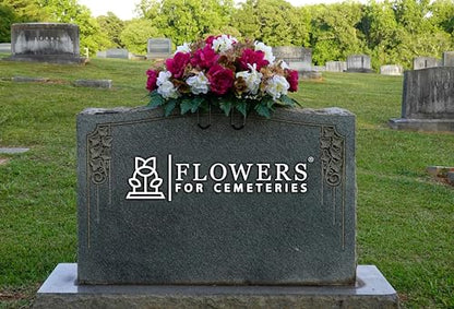 Artificial Cemetery Flowers - Grave Decoration - Fall Arrangement - 30" Long Plum Peony and White Hydrangea Saddle for Loved One's Headstone - size: Saddle