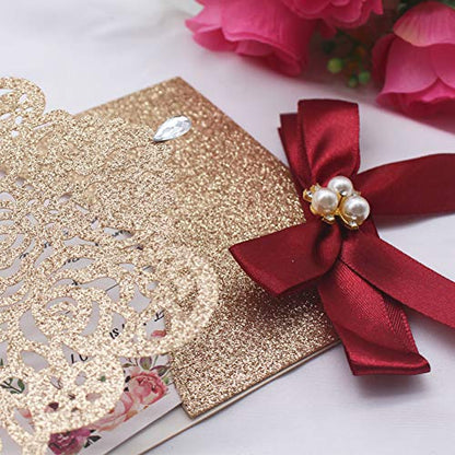 25Pcs Gold Glitter Laser Cut Invitations with RSVP Cards and Envelopes - color: Glitter Gold