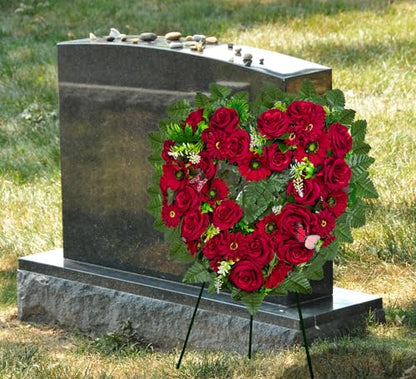 Cemetery Wreaths - Ebullient Remembrance Standing Heart, Grave Wreath with 30 Inch Easel Stand,Memorial Floral-Red Rose